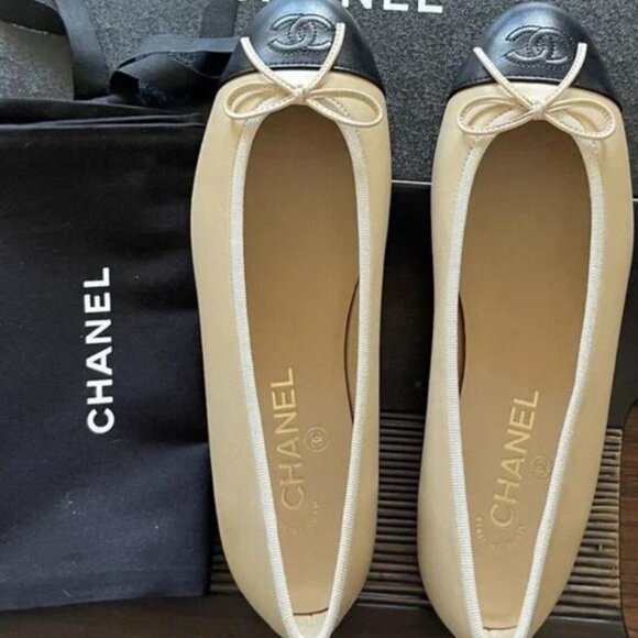 CHANEL Beige Lambskin Cap Toe Ballerina Flats - Picture 1 of 7
